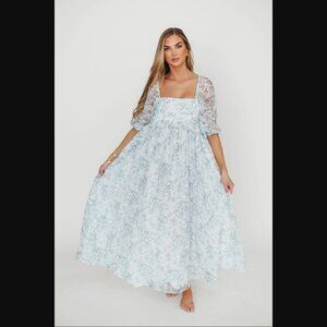 Worth Collective - Mona Maxi Dress w/ Smocking Blue White - Bump Friendly - NWT